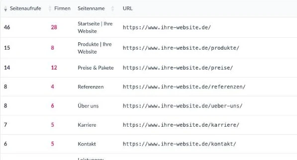 Tabelle der meistbesuchten Seiten mit Aufrufen und Firmen
